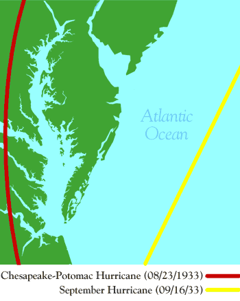 The Great Storms of 1933 Map showing their direction across the Chesapeake Bay